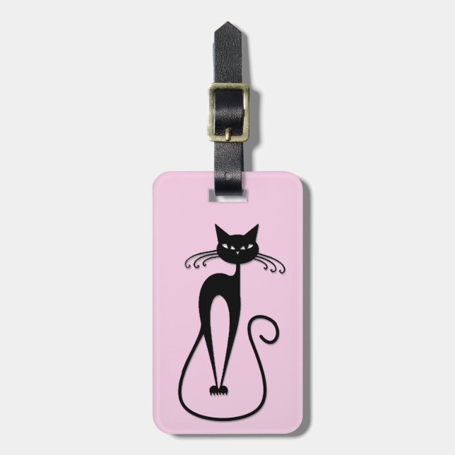 Etiqueta Para Maletas Whimsical Skinny Black Cat Rosa (Frente Vertical)