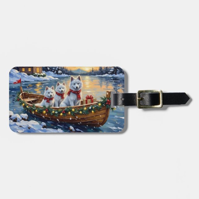 Etiqueta Para Maletas White Samoyed Christmas Boat Holiday (Frente Horizontal)