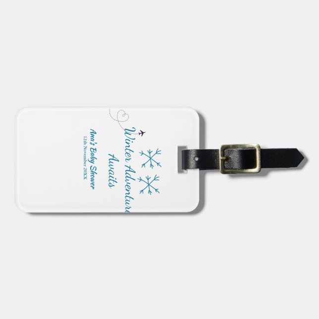 Etiqueta Para Maletas Winter Adventure awaits baby shower blue snowflake (Frente Horizontal)