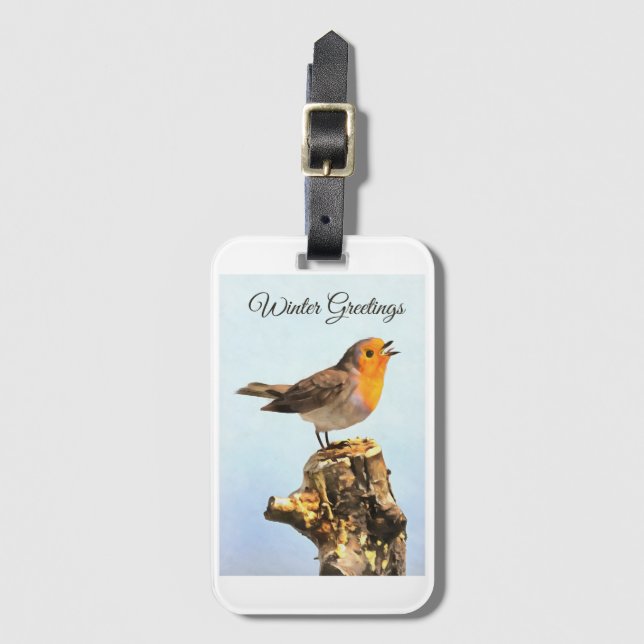 Etiqueta Para Maletas Winter Greetings. Robin singing  (Anverso vertical)
