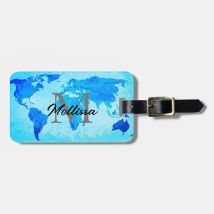 Etiqueta Para Maletas World Map Blue Artistic Monogramas Name Gift 2023
