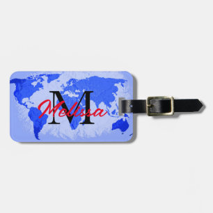 Etiqueta Para Maletas World Map Blue Monogramas Traveller Custom Name
