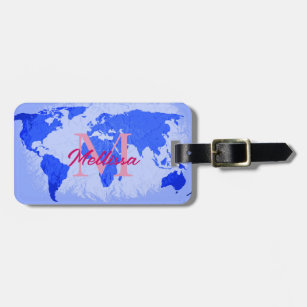 Etiqueta Para Maletas World Map Blue Pink Monogramas Traveller Name Gift