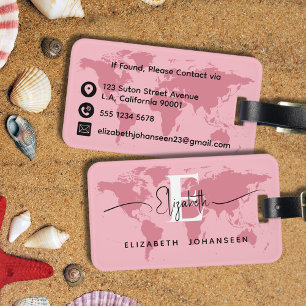 Etiqueta Para Maletas World Traveller Map Pink Monograma moderno Girly N