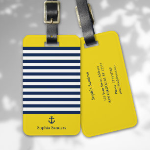 Etiqueta Para Maletas Yellow and Navy Blue Striped Nautical Style