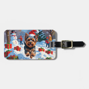 Etiqueta Para Maletas Yorkshire Terrier en la nieve con sombrero de Navi