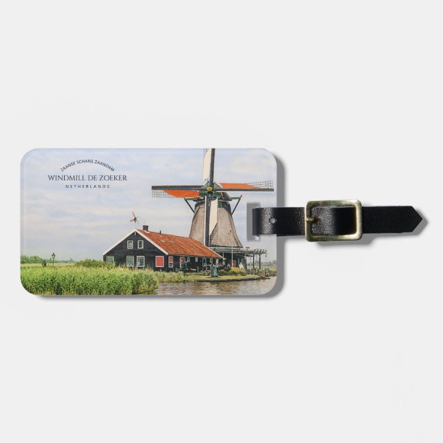 Etiqueta Para Maletas Zaanse Schans Windmill Watercolor Dutch Heritage  (Frente Horizontal)