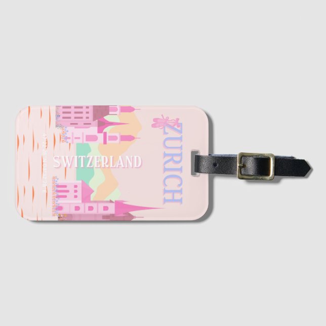 Etiqueta Para Maletas Zúrich Travel Art, Suiza, Viajes Retro Rosa (Anverso horizontal)