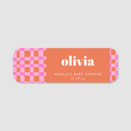 Etiqueta Para Nombres Abstract Checker Pink Orange Custom Baby Shower
