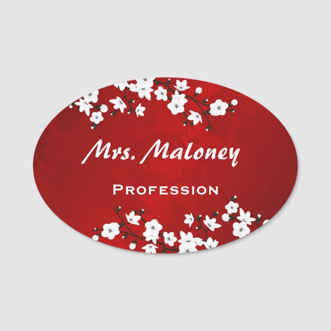 Etiqueta Para Nombres Asia Floral White Cherry Blossom Red (Anverso)