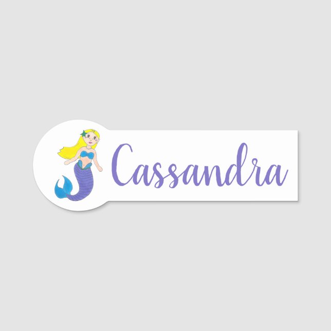 Etiqueta Para Nombres Blona Natación Magia Sirena Chica Púrpura Cola (Anverso)