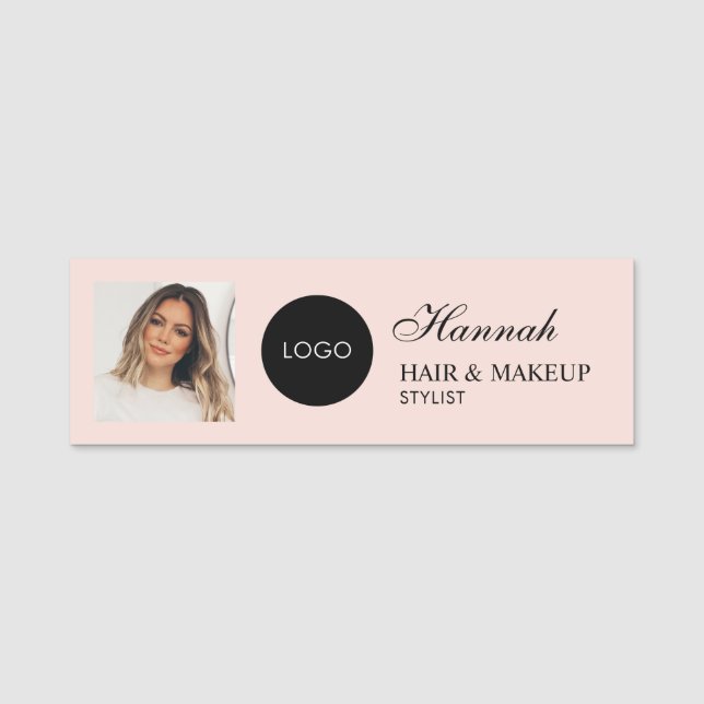 Etiqueta Para Nombres Blush Pink Script Logo Photo Hair Makeup (Anverso)