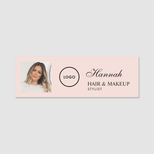 Etiqueta Para Nombres Blush Pink Script Logo Photo Hair Makeup (Anverso)