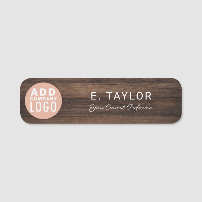 Etiqueta Para Nombres Business Logo Wood Look Employees Magnetic (Anverso)