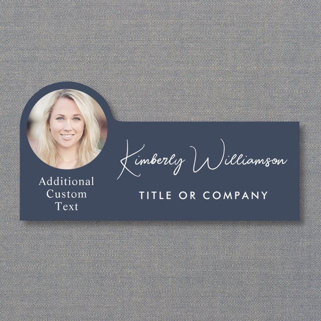 Etiqueta Para Nombres Chic Script Profesional Azul Foto (Chic Script Professional Blue Photo Name Tag)