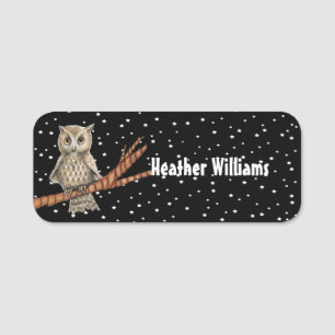 Etiqueta Para Nombres Collar azul de búho marrón bonito en estrellas de 
