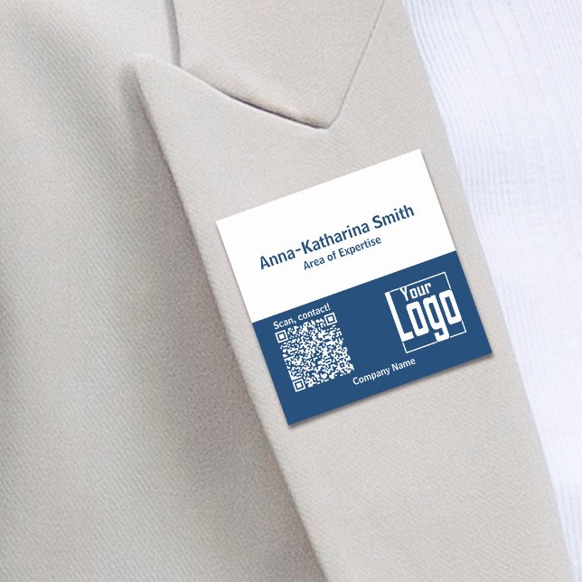 Etiqueta Para Nombres Conocimiento de la empresa con el logotipo de QRco (QR-Code Logo Company Expertise Blue White Name Tag)