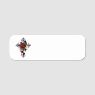 Etiqueta Para Nombres Cruz de Plata con una Rosa Roja