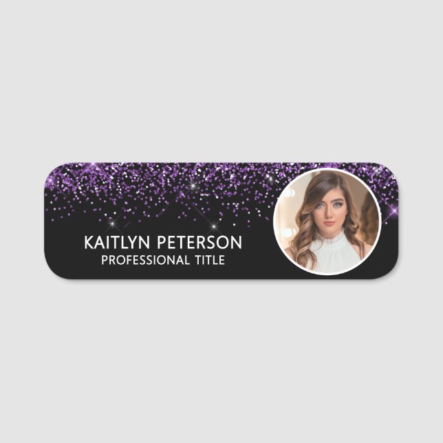 Etiqueta Para Nombres Elegant Purple Glitter Magnetic Employee Photo ID (Anverso)