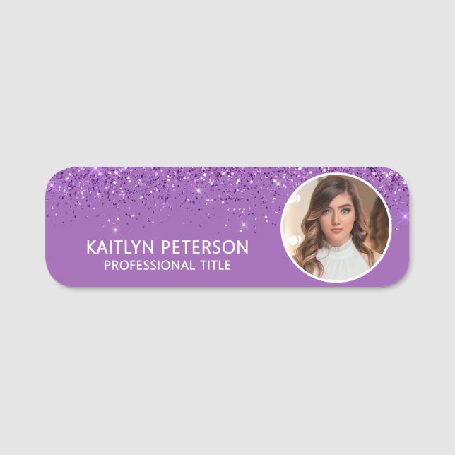 Etiqueta Para Nombres Elegant Purple Glitter Magnetic Employee Photo ID (Anverso)