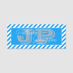 Etiqueta Para Nombres Elegante Azure Light Blue & White Striped: Monogra