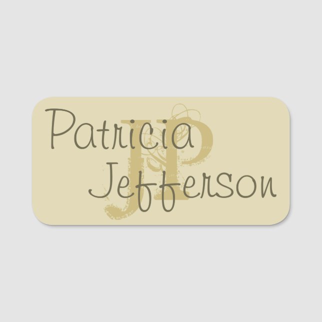 Etiqueta Para Nombres Elegante beige monogramado y dorado: caligrafía (Anverso)