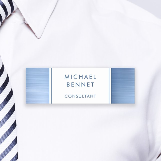 Etiqueta Para Nombres Elegante negocio metálico cepillado azul (Elegant Blue Brushed Metallic Business Name Tag)