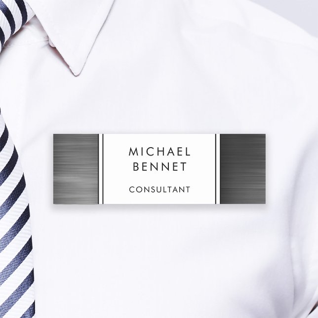 Etiqueta Para Nombres Elegante negocio metálico cepillado negro (Elegant Black Brushed Metallic Business Name Tag)