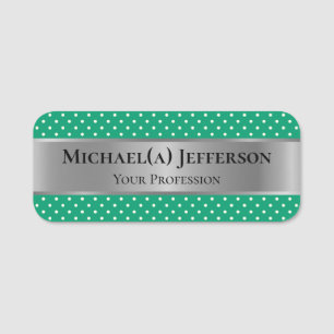 Etiqueta Para Nombres Elegante Punto de Polka Verde Jade: Plata de Lujo