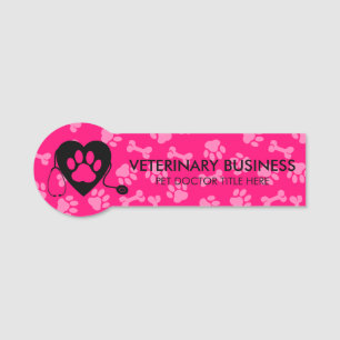 Etiqueta Para Nombres Estetoscopio Corazón Pata Veterinario Negro Rosa M