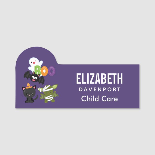 Etiqueta Para Nombres Gato, murciélago, momia y fantasma de Halloween (Anverso)