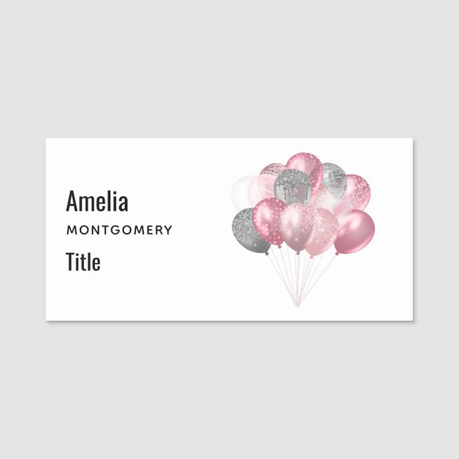 Etiqueta Para Nombres Globos purpurinas rosa y plateado (Anverso)