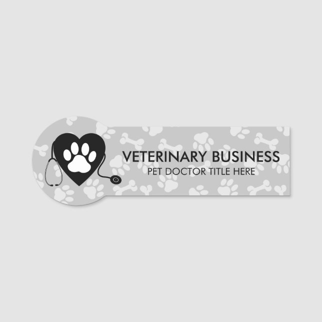 Etiqueta Para Nombres Gris White Veterinaria Paw Heart Stethescope Masco (Anverso)