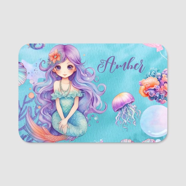 Etiqueta Para Nombres Kawaii Mermaid Fiesta (Anverso)