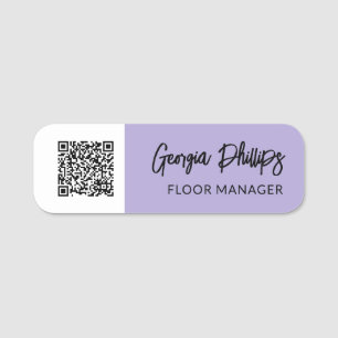 Etiqueta Para Nombres Lavanda ligera y guión de pincel de código QR blan