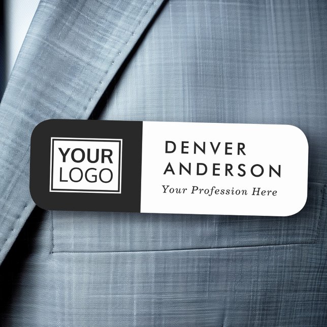 Etiqueta Para Nombres Logo, nombre y título de personalizado blanco y ne (Black and white custom logo, name and title modern name tag)