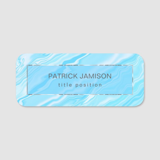 Etiqueta Para Nombres Marble azul con marco (Anverso)