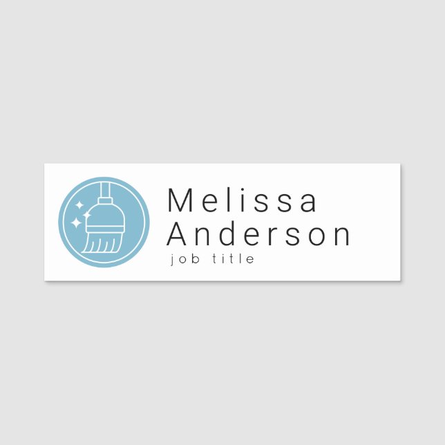 Etiqueta Para Nombres Modern Broom Logo Blue Cleaning Service (Anverso)