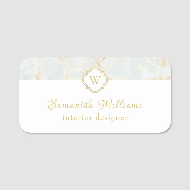 Etiqueta Para Nombres Monograma Marble Elegante White Gold Profesional (Anverso)