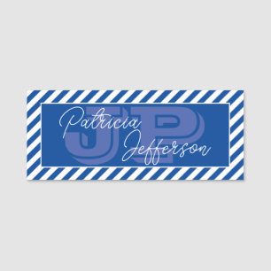 Etiqueta Para Nombres Monograma Único Azul Blanco Rayado