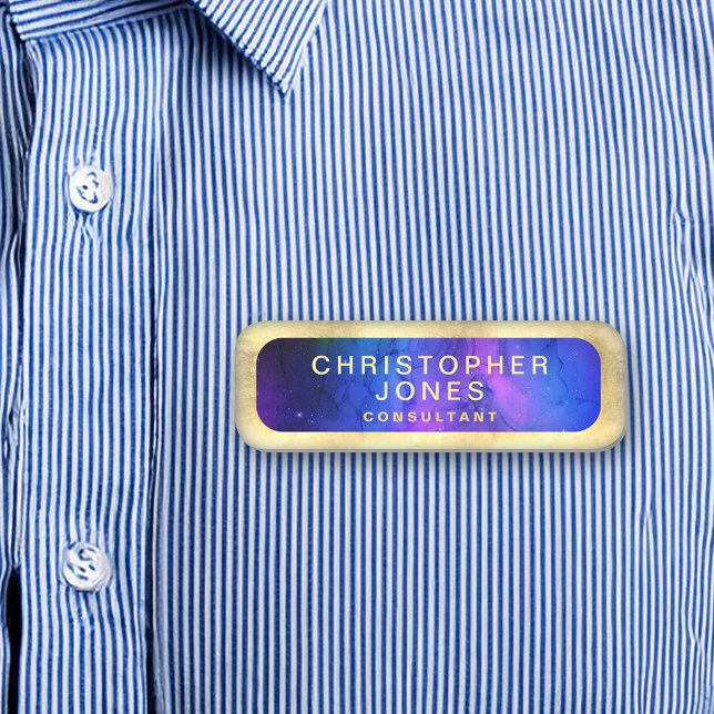 Etiqueta Para Nombres Nebulosa moderna del espacio exterior púrpura negr (gold purple modern custom name tag)