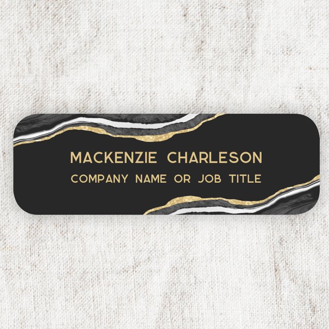 Etiqueta Para Nombres Negra Marble Agate Gold Purpurina Business (Black marble agate geode gold effect modern business name badge or tag)