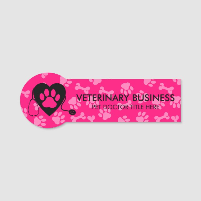 Etiqueta Para Nombres Pink Black Veterinarian Paw Heart Stethescope Masc (Anverso)