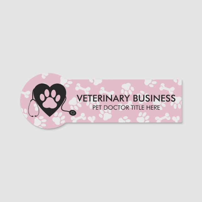 Etiqueta Para Nombres Pink Grey Veterinario Paw Heart Stethescope Mascot (Anverso)