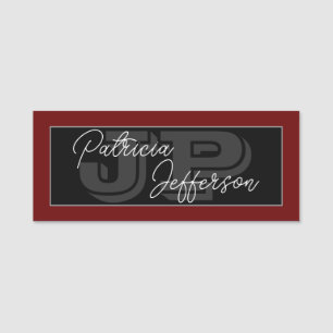 Etiqueta Para Nombres Rojo Oscuro, Negro Y Blanco: Monogramado manuscrit