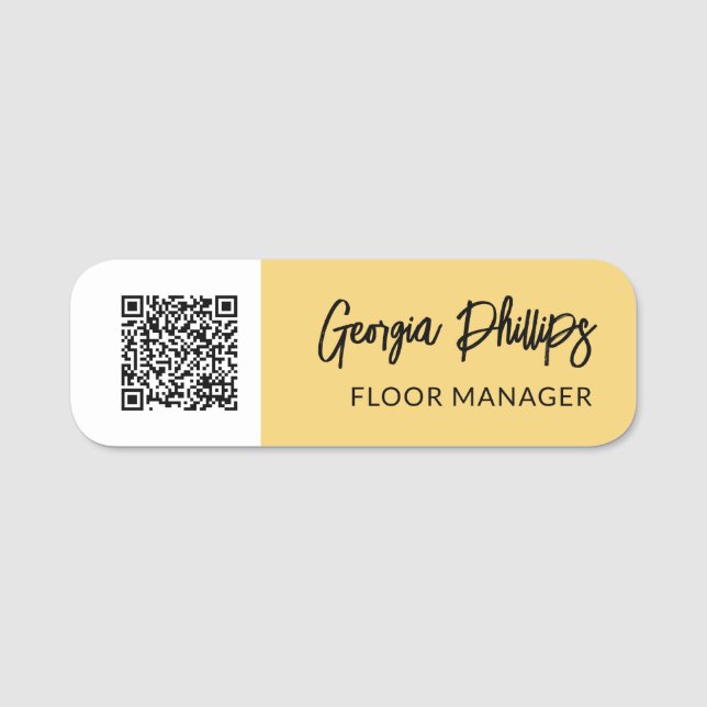 Etiqueta Para Nombres Soft Yellow & White QR Code Brush Script (Anverso)