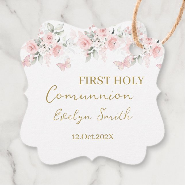 Etiqueta para recuerdos comunión floral rosa R (Reverso)