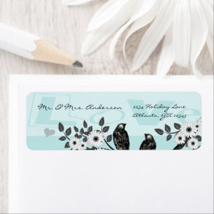 Etiqueta Parejas de pájaros vintage Aqua Blue Flor de árbol