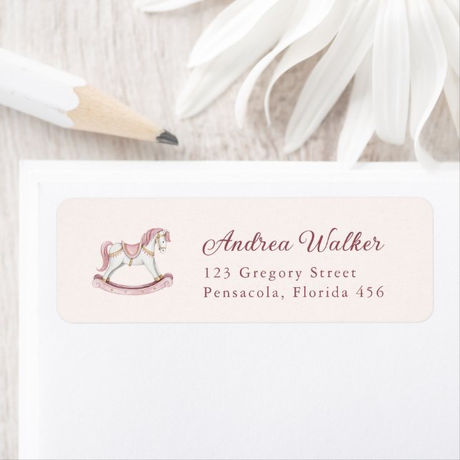 Etiqueta Pastel Pink Cute Rocking Horse Girl Baby Shower (In situ)