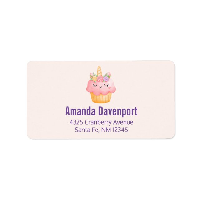 Etiqueta Pastel rosa dulce Unicornio con Rosas (Frente)